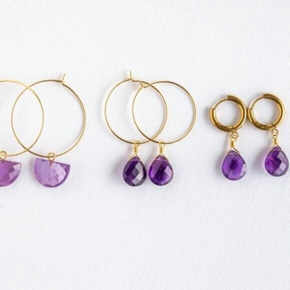 Genuine Amethyst Dangle Earrings 18K Gold Huggies Waterproof & Hypoallergenic